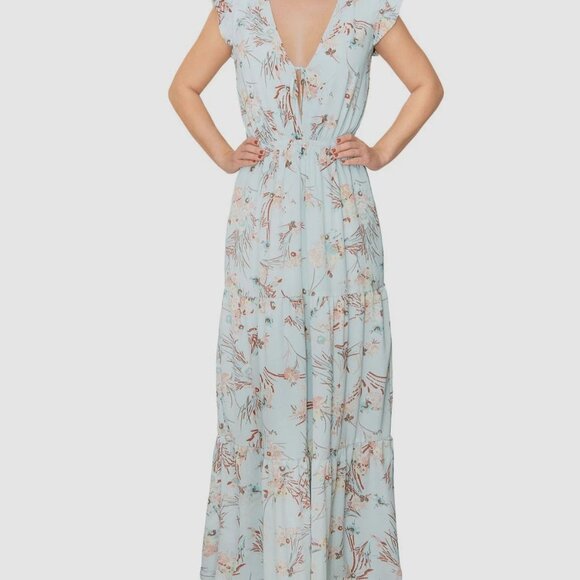 Rachel Roy Dresses & Skirts - Rachel Roy Women's Blue Crepe Sky Floral V-Neck Flutter Sleeve Dress